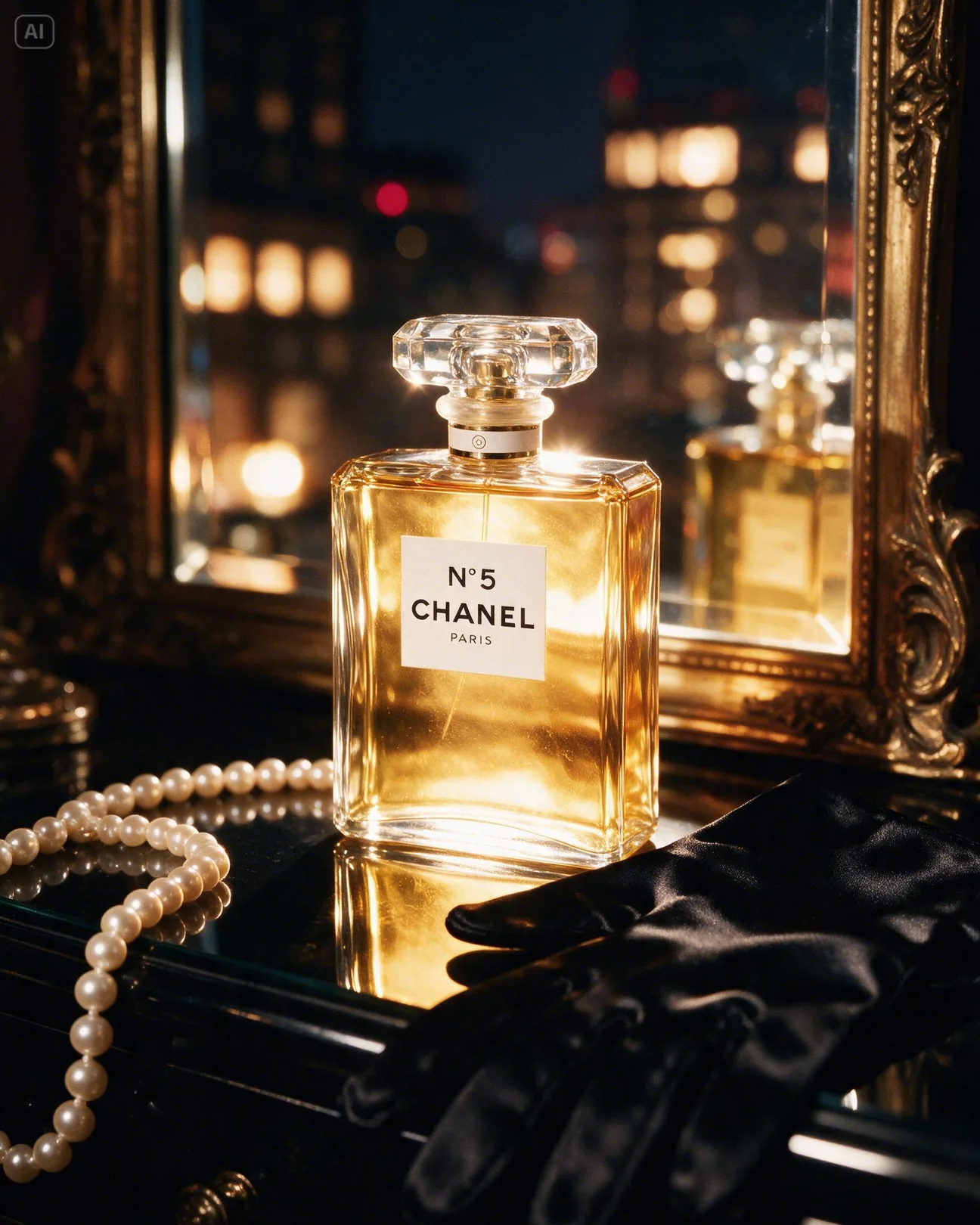 Concept: Chanel N°5 on a black vanity with a gold mirror and pearls, at night · AI-made spec piece