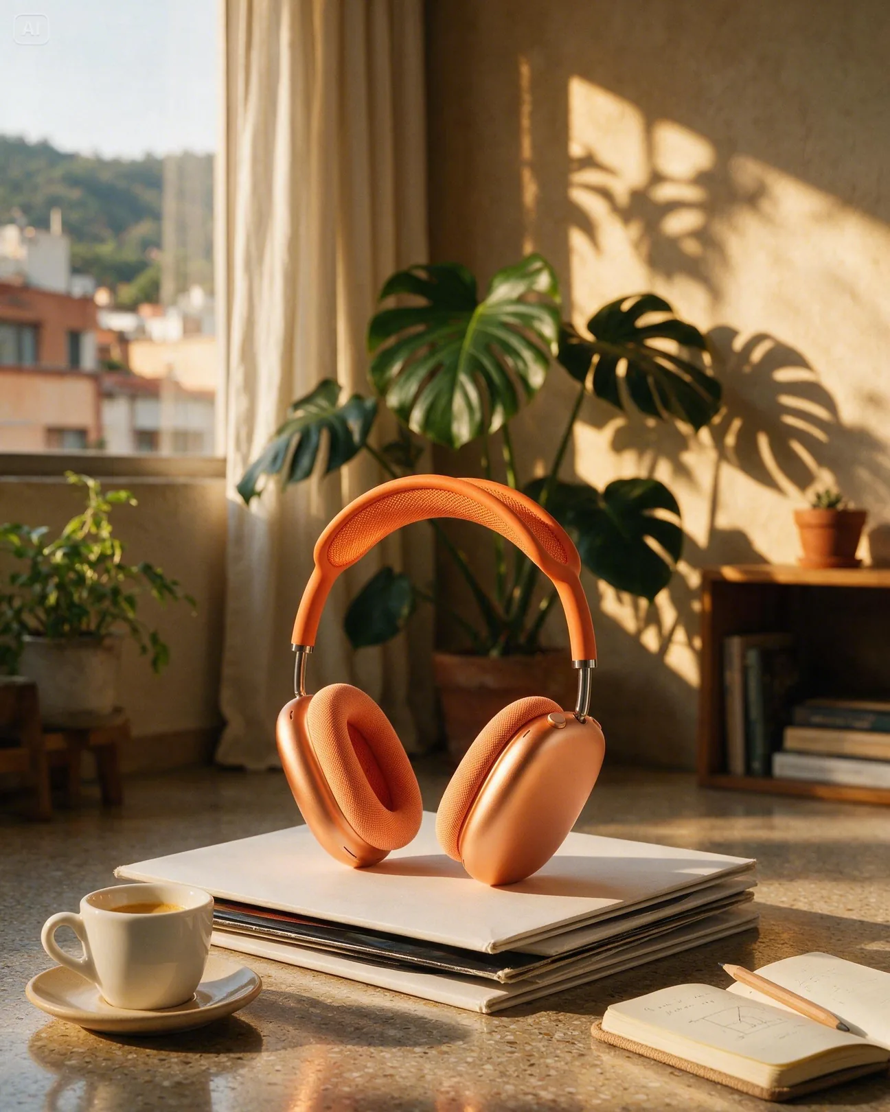 Context: orange AirPods Max on vinyl records, with a coffee cup and a notebook · AI-made spec piece