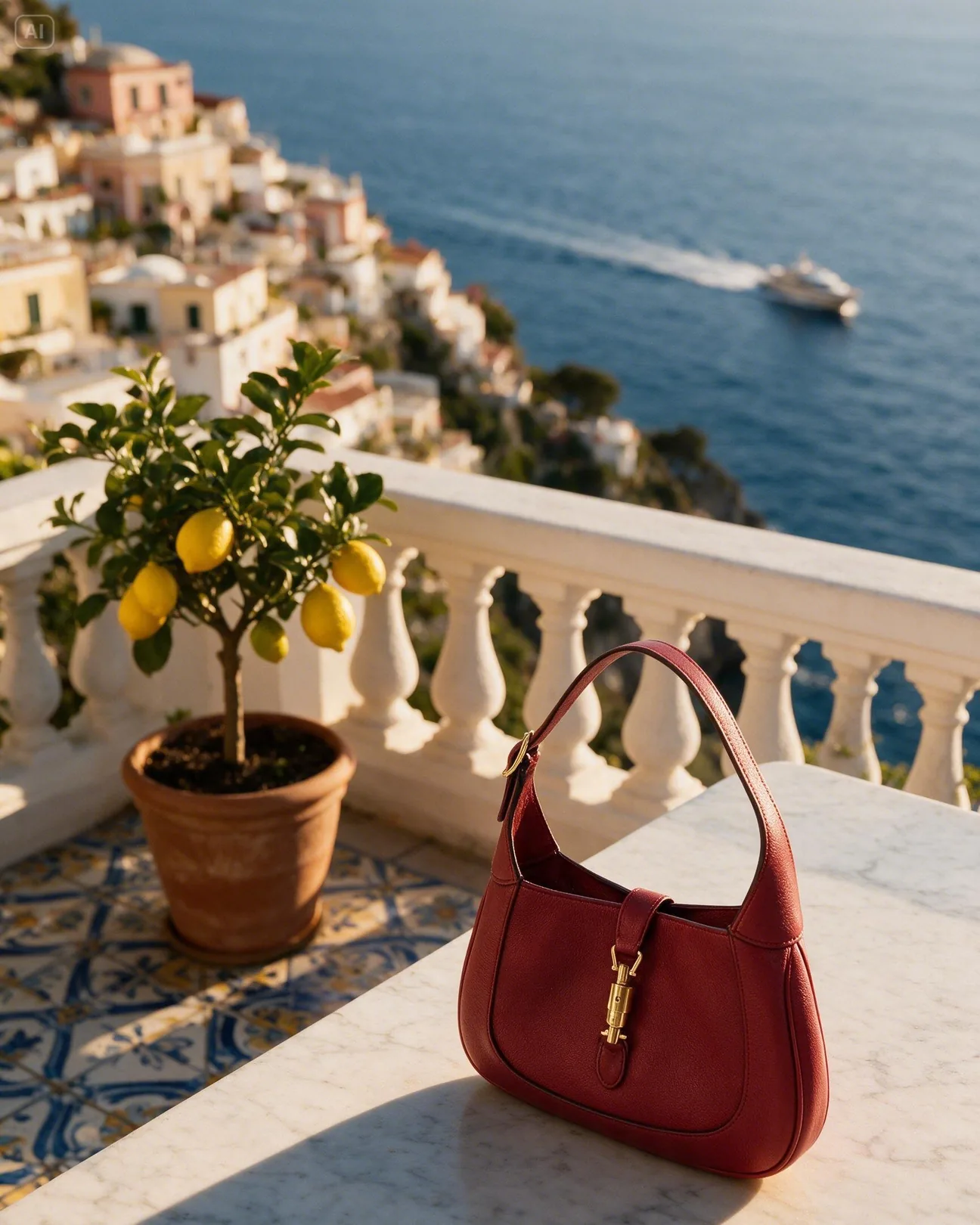 Composition: a red leather Gucci Jackie 1961 bag on a marble table on an oceanfront terrace at golden hour · AI-made spec piece