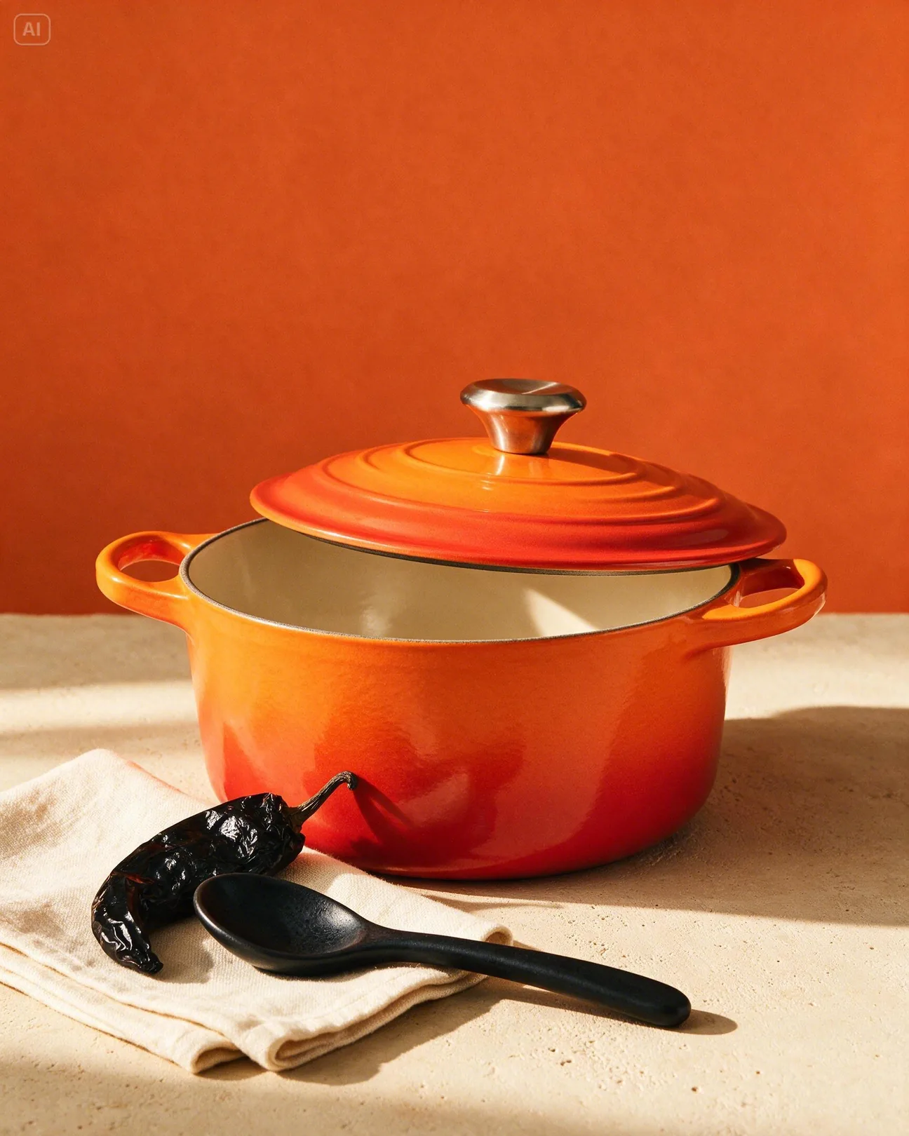Palette: a Flame-colored Le Creuset pot with cream linen and black accents · AI-made spec piece