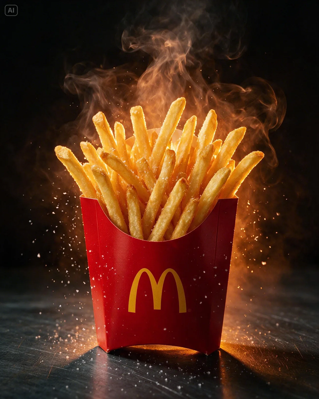 Light: McDonald's fries in their red box, saffron backlight, steam and salt in the air · AI-made spec piece