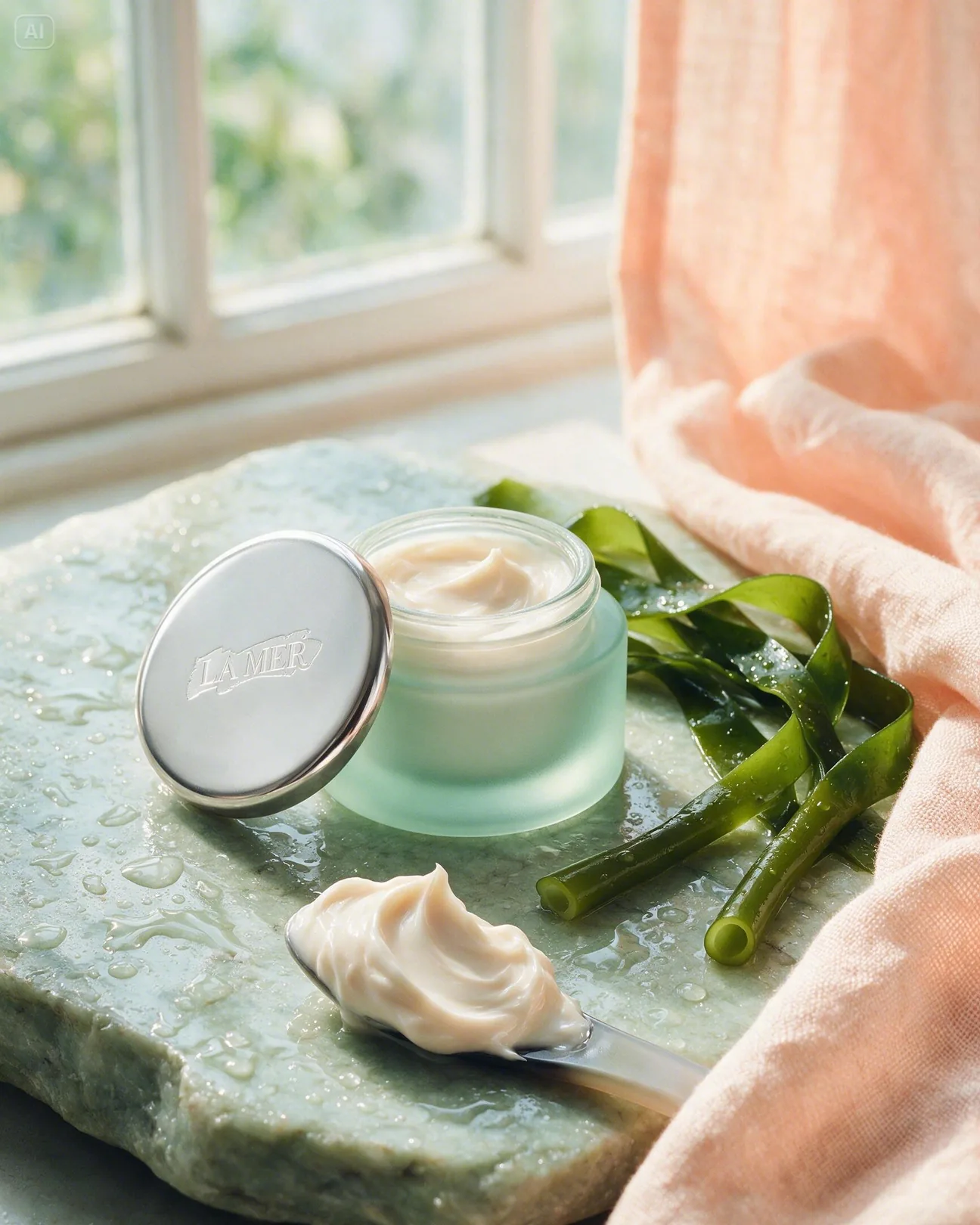 Texture: La Mer cream on a spatula next to its sea-green jar, wet stone and peach linen · AI-made spec piece