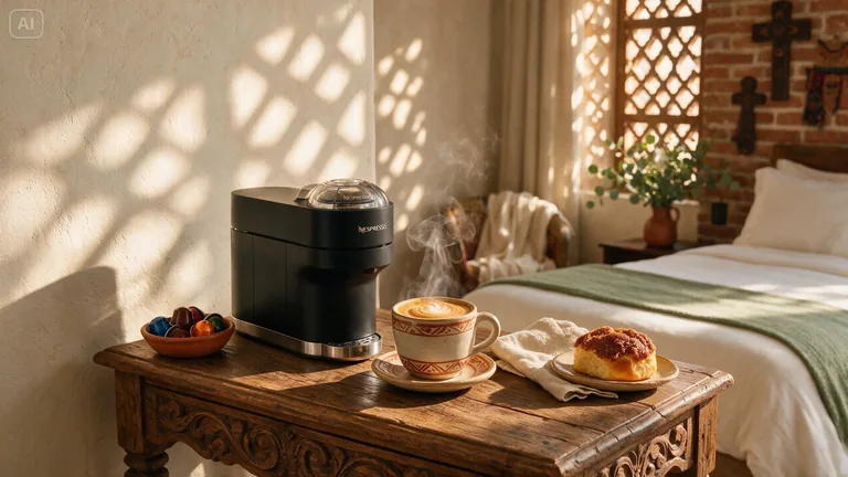Hotel room with a Nespresso machine by the bed, coffee and pastries in morning light · AI-made spec piece, not commissioned by or affiliated with Nespresso