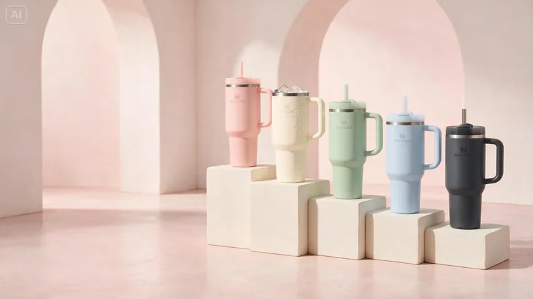 Pastel Stanley Quencher tumblers on pedestals in a pink set · AI-made spec piece, not commissioned by or affiliated with Stanley