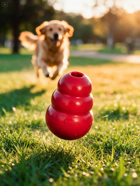Sample store homepage: a red KONG toy on the grass, backlit · AI-made spec piece
